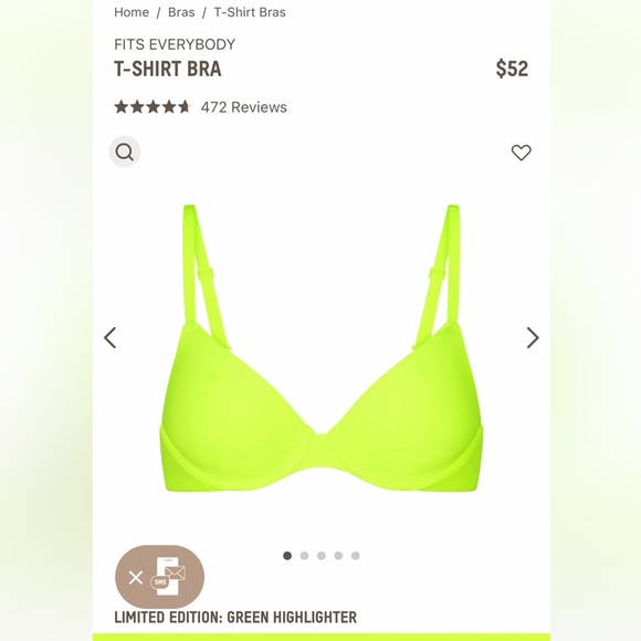 NWT- Skims.  Fits everybody T-shirt bra. Color: Green‎ Highlighter. Size: 40DDD - Picture 5 of 13